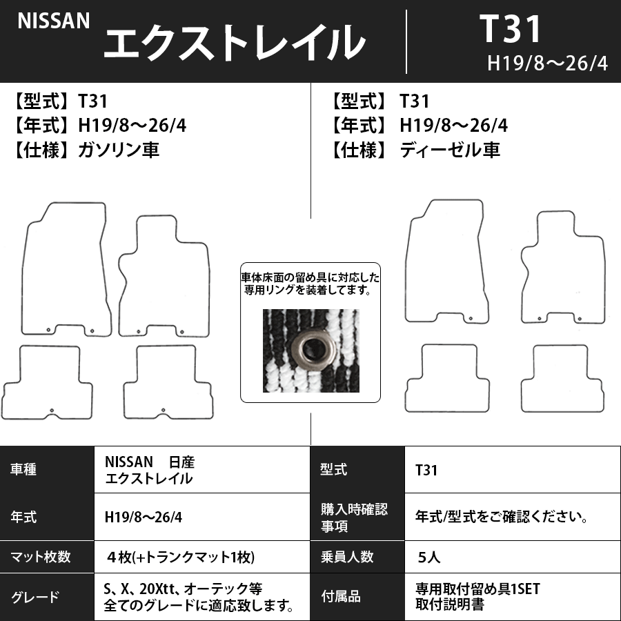 フロアマット　日産　NISSAN　エクストレイル　X-TRAIL　T31　19/8～26/4　トランクマット付　カーマット　抗菌　抗ウイルス　消臭　プレミアムタイプ