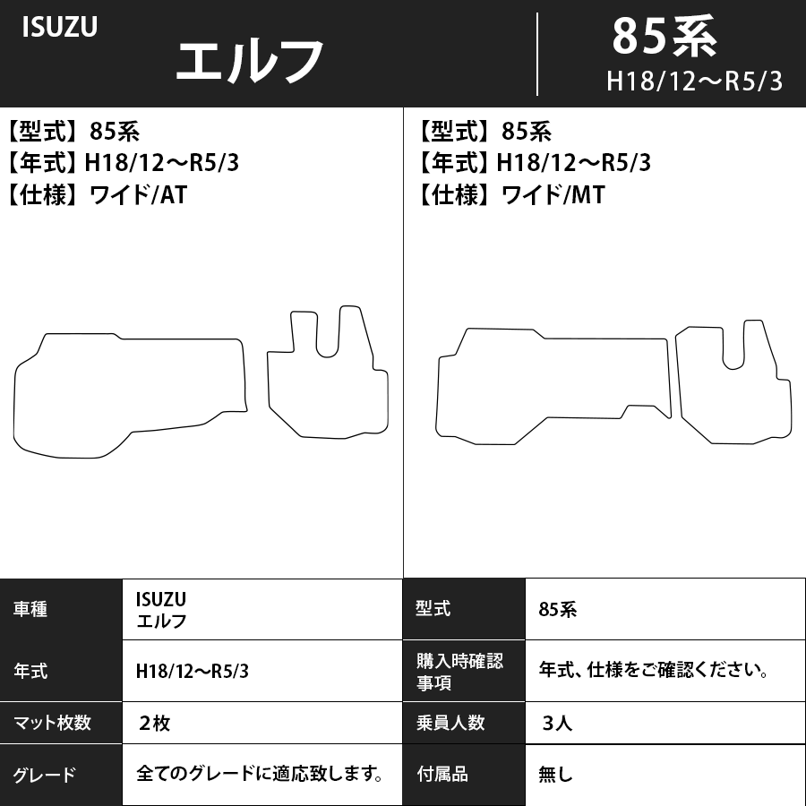 フロアマット　ISUZU　エルフ　85系　H18/12～R5/3　カーマット　抗菌　抗ウイルス　消臭　スタンダードタイプ